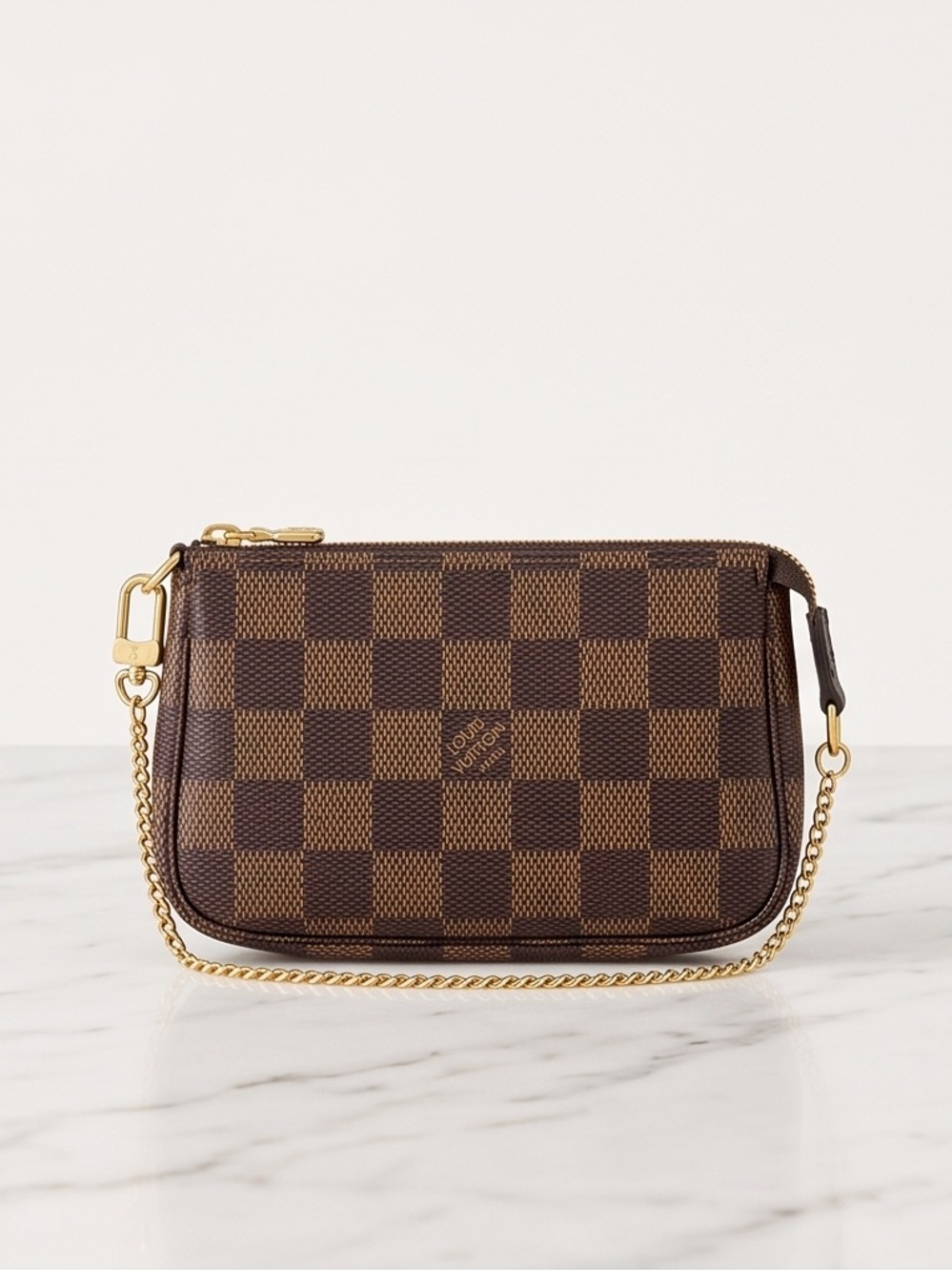 Louis Vuitton Mini Pochette in Damier Ebene Brown with Gold Chain